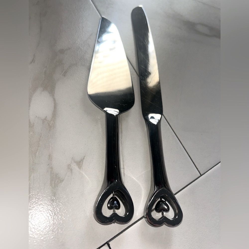 Set of Cake Cutting  Serving Utensils Silver Chrome Hearts Wedding Special
